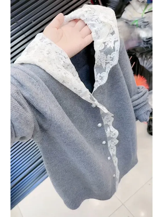 法式温柔风洋气拼接连帽针织开衫甜美软糯毛衣外套高级感灰色上衣