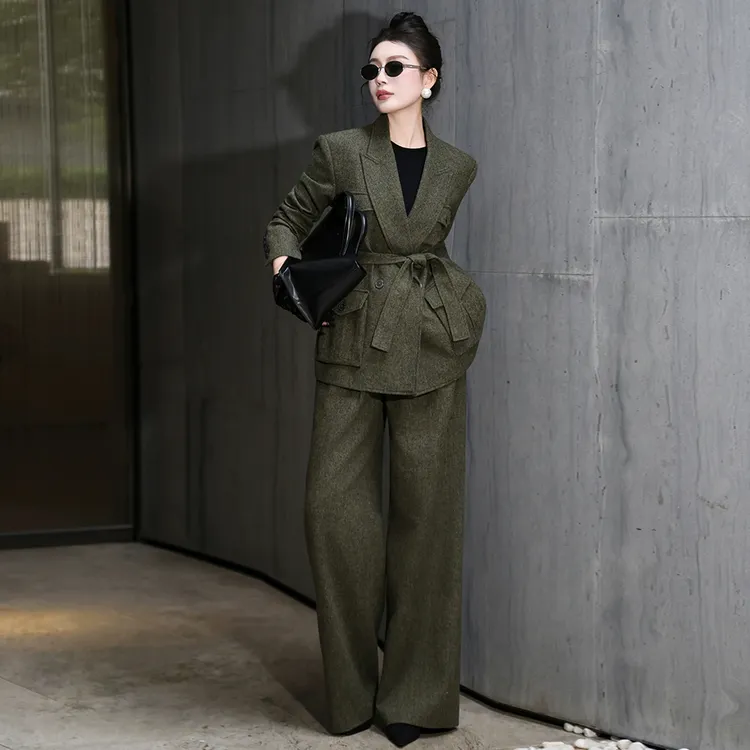 秋冬新款时尚职业套装干练气质西服系带设计感加厚西装外套直筒裤