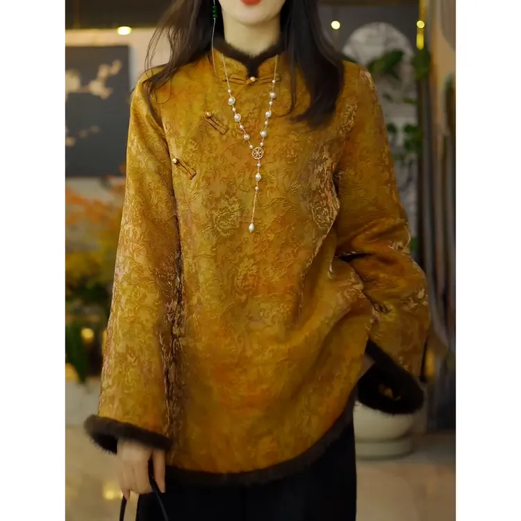 复古文艺风新中式夹棉上衣2025冬季新款端庄优雅立领百搭保暖衬衣