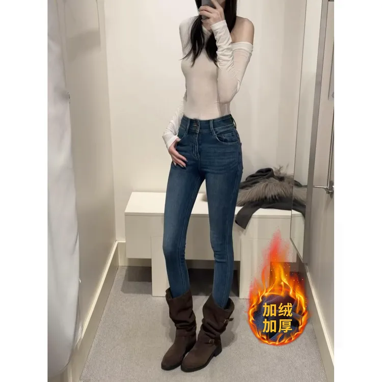 微胖mm辣妹高腰设计感小脚牛仔裤女秋冬款加绒显瘦紧身双扣铅笔裤