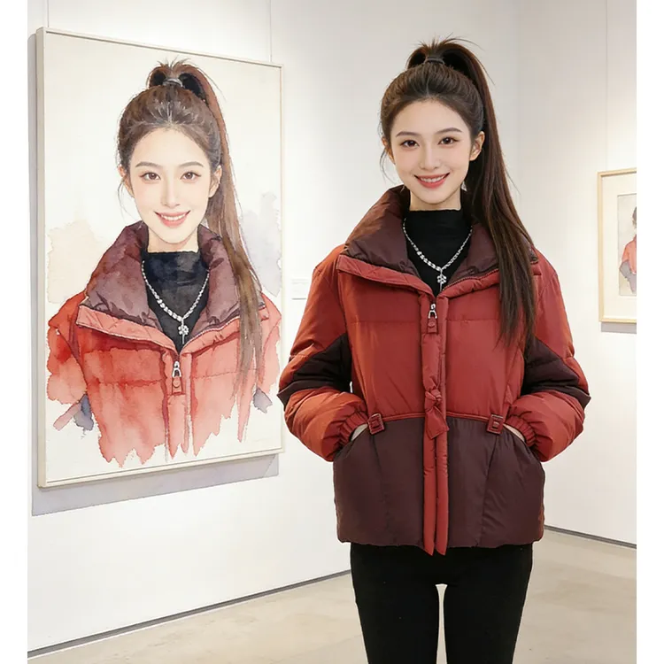 兹伊翰【瓦当月光】宽松短款保暖拼接立领棉服2025冬季新款加厚棉衣