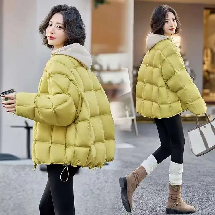  韩版简约纯色圆领夹外套女2025冬季新洋气百搭保暖显瘦棉衣棉服