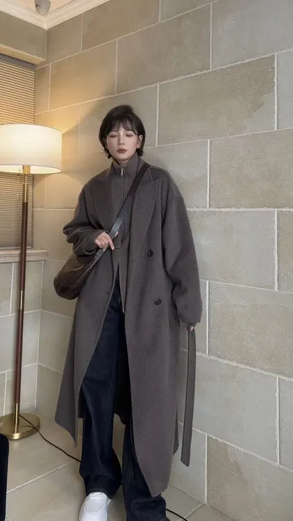 长款双面绵羊毛骆驼绒西装大衣