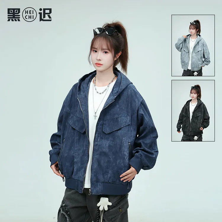 美式水洗工装夹克男女秋季复古潮牌连帽情侣外套高街设计感棒球服