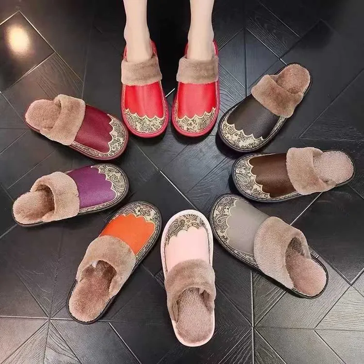 【新疆包邮】欧式印花真皮居家室内女家用真皮拖鞋防滑软底时尚情侣