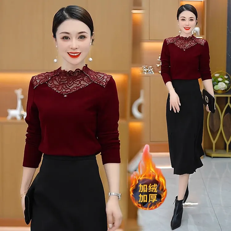 半高领蕾丝拼接打底衫女2025秋冬季新款洋气显瘦百搭加绒保暖上衣