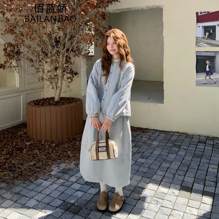 韩系夹棉上衣套装裙女2025秋冬新款高级感时尚气质半身裙两件套