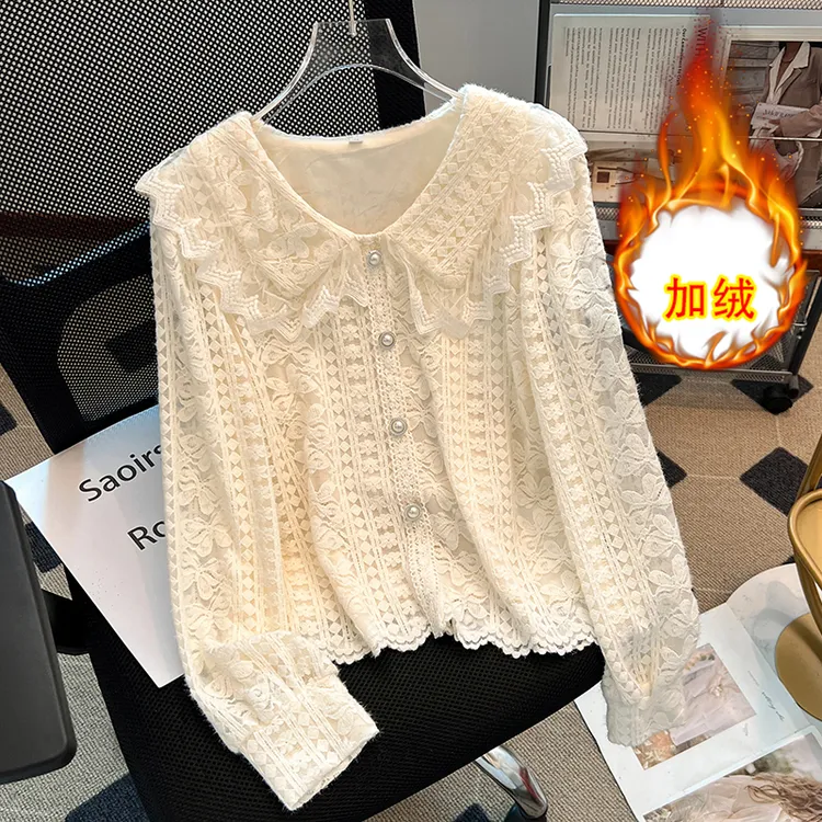 2025秋冬新款长袖加绒保暖蕾丝衬衫女设计感套头内搭打底衫女上衣