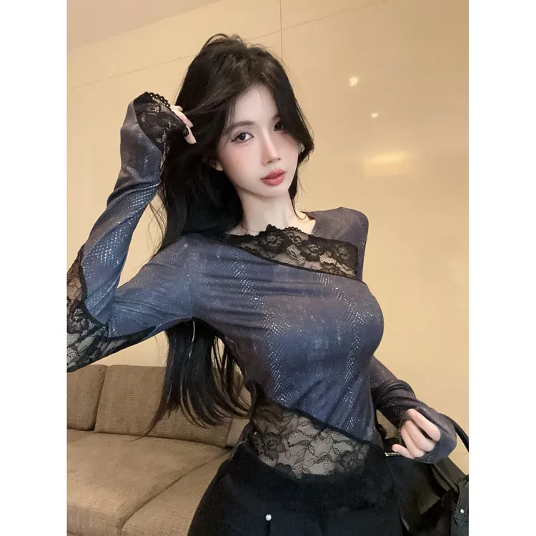辣妹风拼蕾丝复古长袖T恤春季外穿设计感洋气修身显瘦不规则上衣