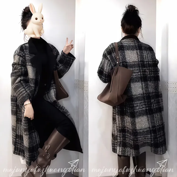 2025年冬季时尚高级感百搭新款外套女气质设计感长款格子韩系风衣