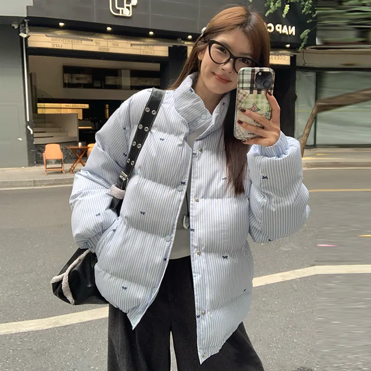 【501】冬季条纹设计感宽松棉袄棉衣蝴蝶结蓝色面包服棉服外套女潮