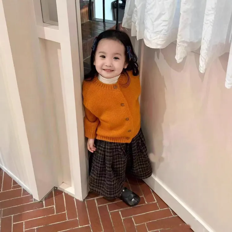 韩国童装女童宝宝新款儿童橘色针织毛衣开衫外套小童格子阔腿裙裤