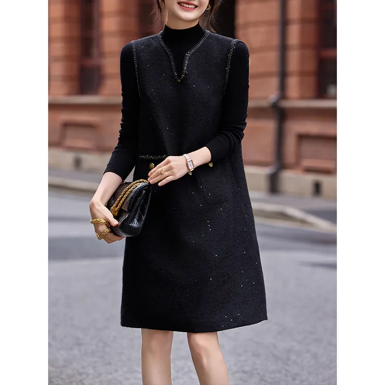 8833#时尚打底气质中长款黑色亮片V领背心连衣裙女秋冬新款背心裙