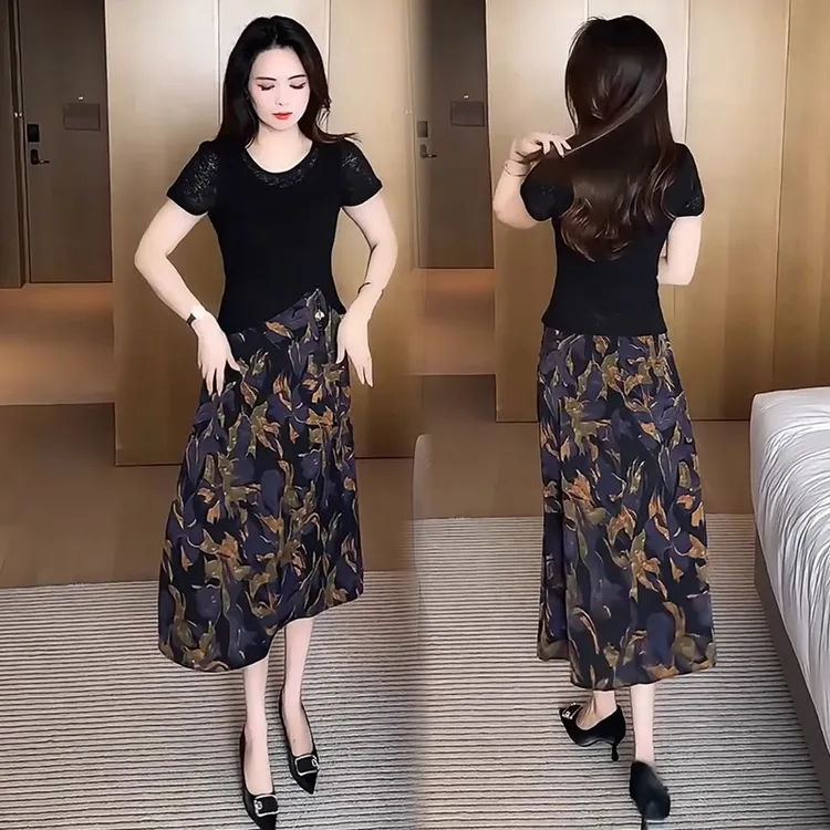 时尚连衣裙女2025夏季新款时髦洋气拼接假两件高腰显瘦气质连衣裙