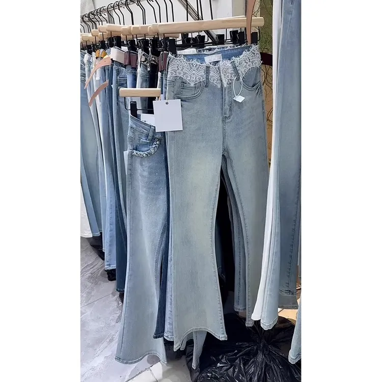 小个子长裤低腰直筒阔腿蕾丝拼接牛仔裤子女装春季2025新款微喇裤