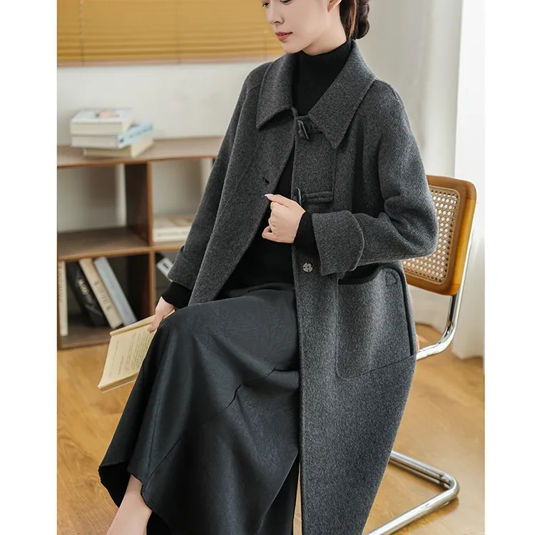 100%纯羊毛【hanziqiu/韩紫秋】双面羊毛大衣长款拼接复古秋冬外套J