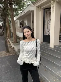 ONEXH·2025冬季复古减龄感波点荷叶边长袖上衣女显瘦韩系打底衫