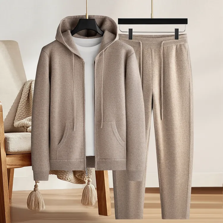 1600克重磅加厚套装】男士100%纯羊绒时尚开衫直筒裤加厚保暖套装