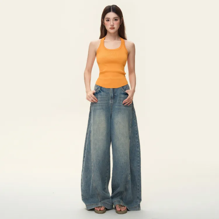 美式复古做旧阔腿牛仔裤女装2025秋季新款宽松显瘦慵懒垂感弯刀裤