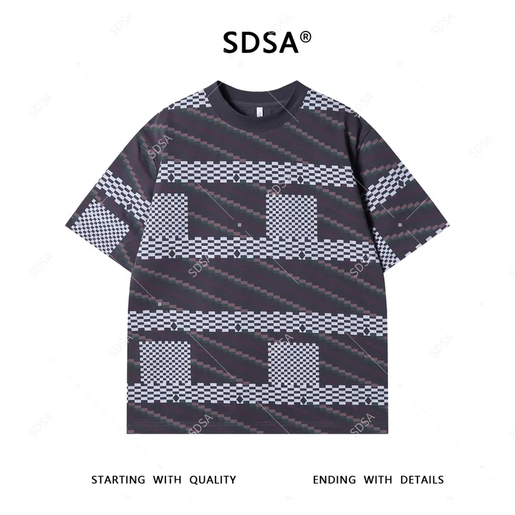 SDSA夏季新款男士痞帅撞色格子斜纹设计短袖T恤百搭时尚圆领上衣