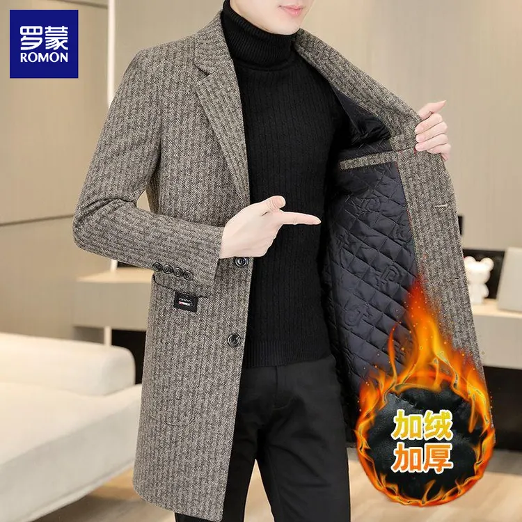 罗蒙2025秋冬季毛呢大衣男士中长款潮流休闲痞帅呢子格子风衣外套