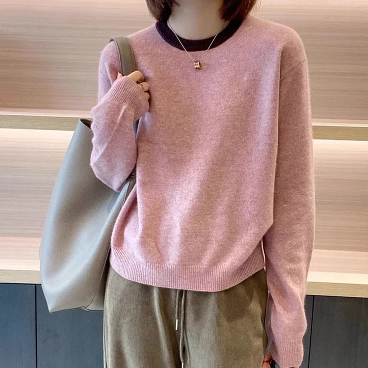 秋冬新款宽松拼色圆领长袖加厚打底针织衫女保暖洋气休闲百搭毛衣