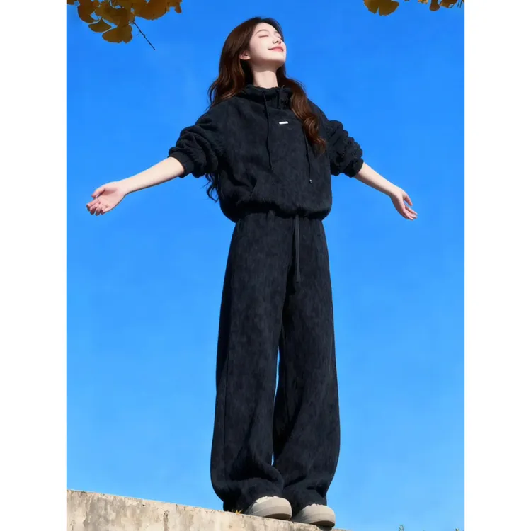 2026超火冬装一整套欧货时尚高级感豹纹加绒连帽卫衣运动服两件套