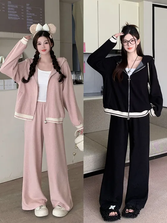 大码女慵懒风撞色加厚连帽外套阔腿裤两件套20637外套+20669裤子