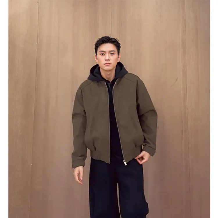 美拉德棕色拼接夹克男款冬季假两件毛绒内里连帽加绒加厚保暖外套