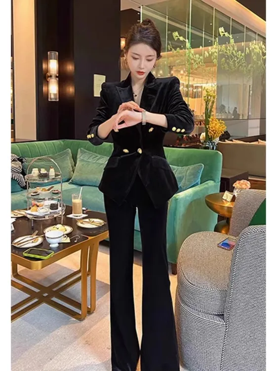 2025新款春秋高级感气质黑色西装套装女高端金丝绒西服外套两件套