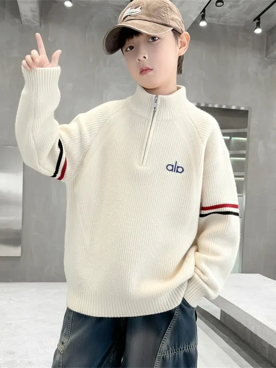 2025男童中大童新款韩国绒加厚针织毛衣秋冬半拉链条纹百搭洋气款