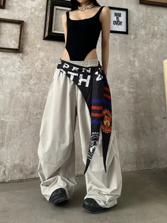 美式辣妹嘻哈舞蹈叠穿屁帘工装裤女夏季松弛感百搭宽松阔腿伞兵裤