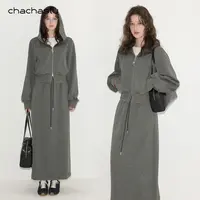 CHACHASTU时尚套装女灰色连帽长袖卫衣高腰A字直筒半身裙ZRS1830