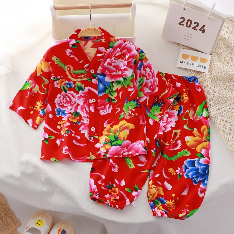 儿童家居服新中式绵绸套装网红东北大花夏季男女童睡两件套空调服