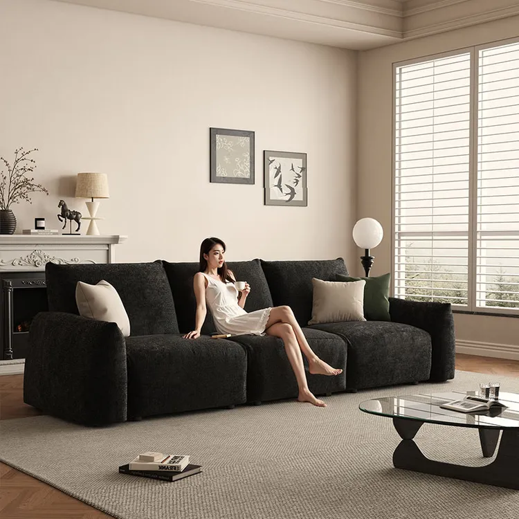 法式复古花瓣黑色可调节高靠背直排客厅小户型三人雪尼尔布艺沙发