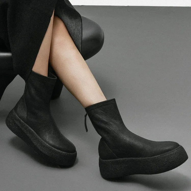 D2527 拉链时尚短靴黑色厚底防水台圆头袜靴百搭中筒舒适休闲