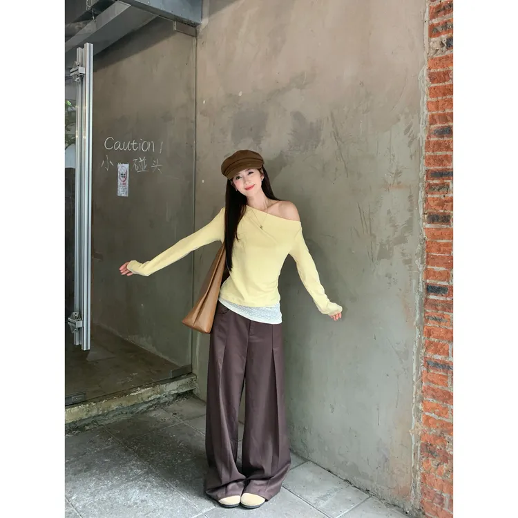 2025年秋季女士夏季针织100%棉修身型长袖落肩袖黄色蕾丝拼接不对