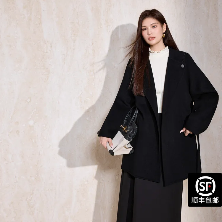 蓝语大码设计感翻领羊毛混纺双面呢大衣女2025秋冬新款中长款外套