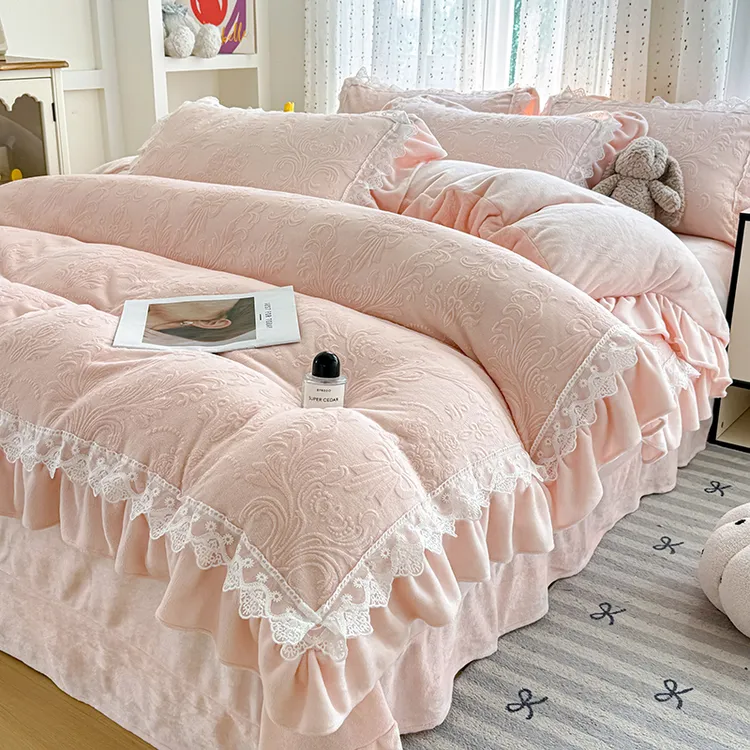 【床盖款】冬季加绒花边款加厚牛奶绒宝宝绒床上四件套被套双面绒