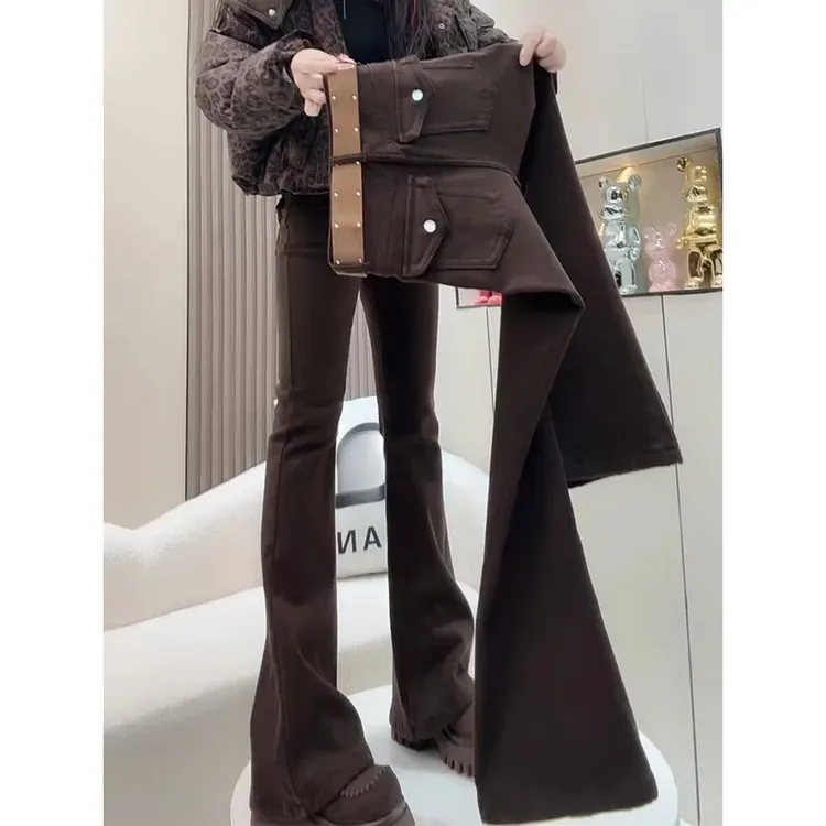 加绒加厚弹力微喇牛仔裤女2025秋冬新款高腰修身遮肉显瘦马蹄裤子