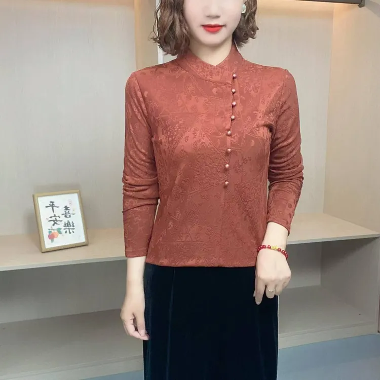 2025秋季新款时尚提花复古盘扣设计感气质显瘦长袖上衣K658
