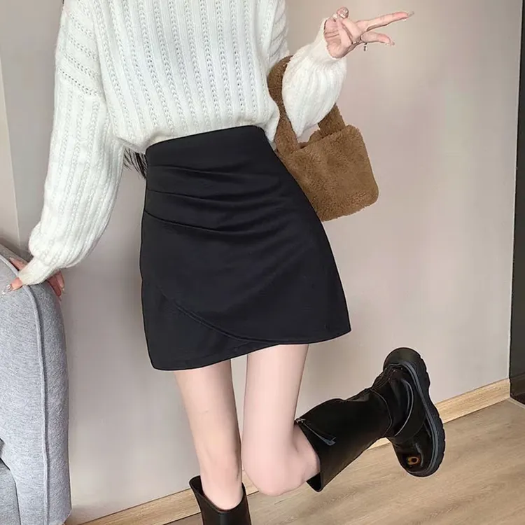 辣妹秋冬高腰不规则麂皮绒豹纹A字显瘦包臀半身短裙a字