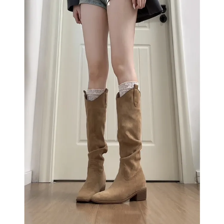 牛皮版~复古小个子内增高8cm长筒靴女褶皱堆堆靴骑士靴西部牛仔靴