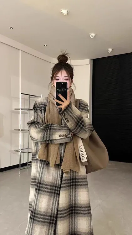 秋冬新款长毛高级感韩系格子双面呢子大衣加长款 9902