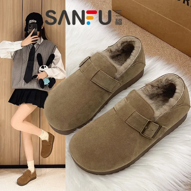 三福厚底勃肯鞋女2025新款秋冬一脚蹬懒人豆豆鞋加绒保暖毛毛棉鞋