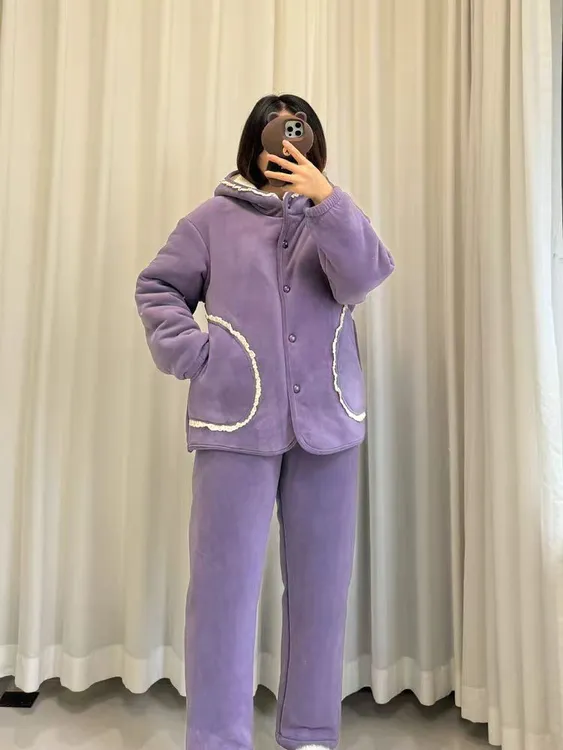 2025年新款冬季自制女款睡衣三层夹棉加厚奥利绒休闲可外穿家居服