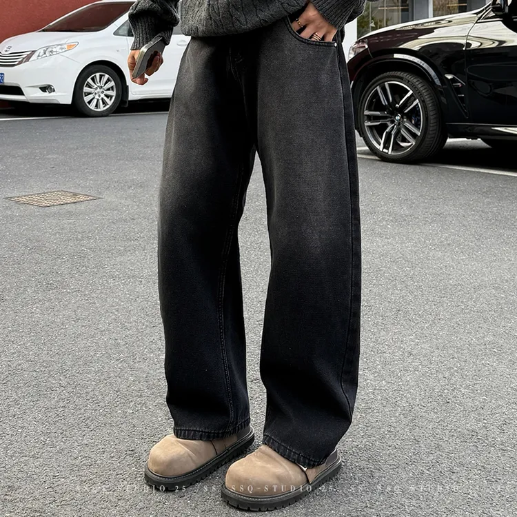 【时尚起易】冬季新品加绒Cleanfit美式复古牛仔做旧直筒宽松裤子男