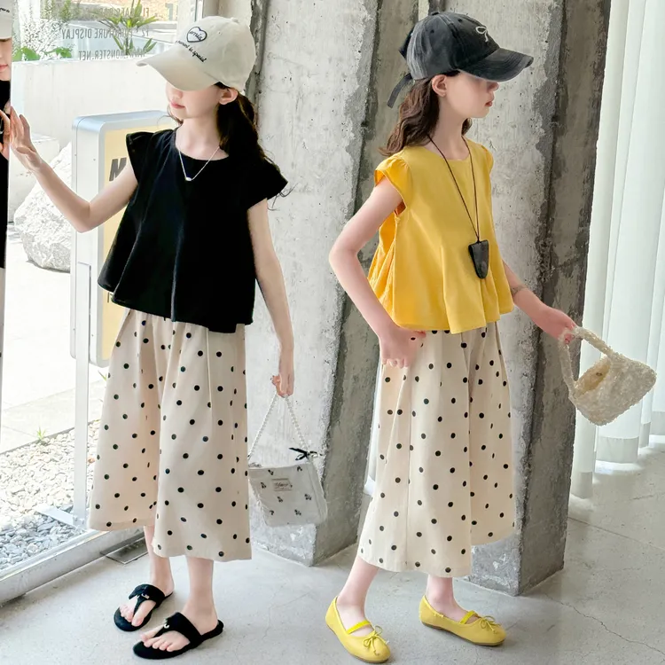 女童夏装套装2025新款中大童无袖上衣夏薄款儿童波点七分裤两件套
