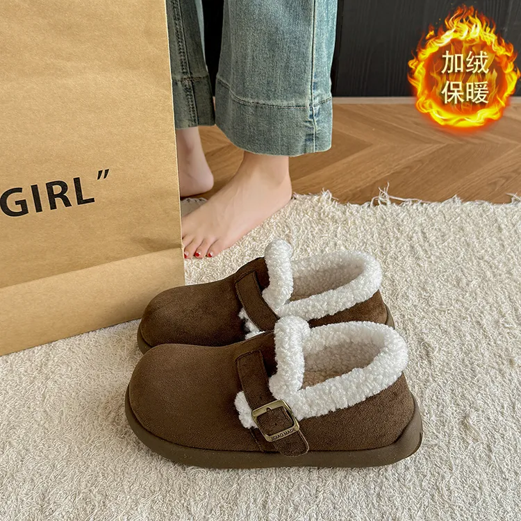 勃肯鞋女款加绒保暖豆豆鞋加厚冬季新款一脚蹬毛毛鞋棉鞋懒人鞋