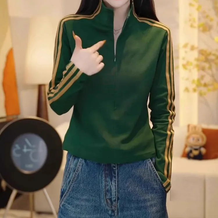 立领半拉链长袖T恤秋季新款胖MM大码女装显瘦百搭撞色条纹上衣女